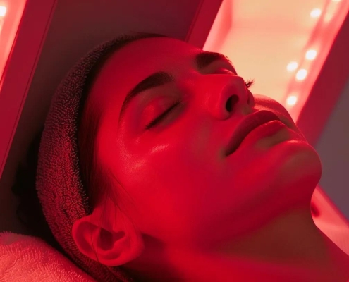 a woman getting into a red light therapy bed